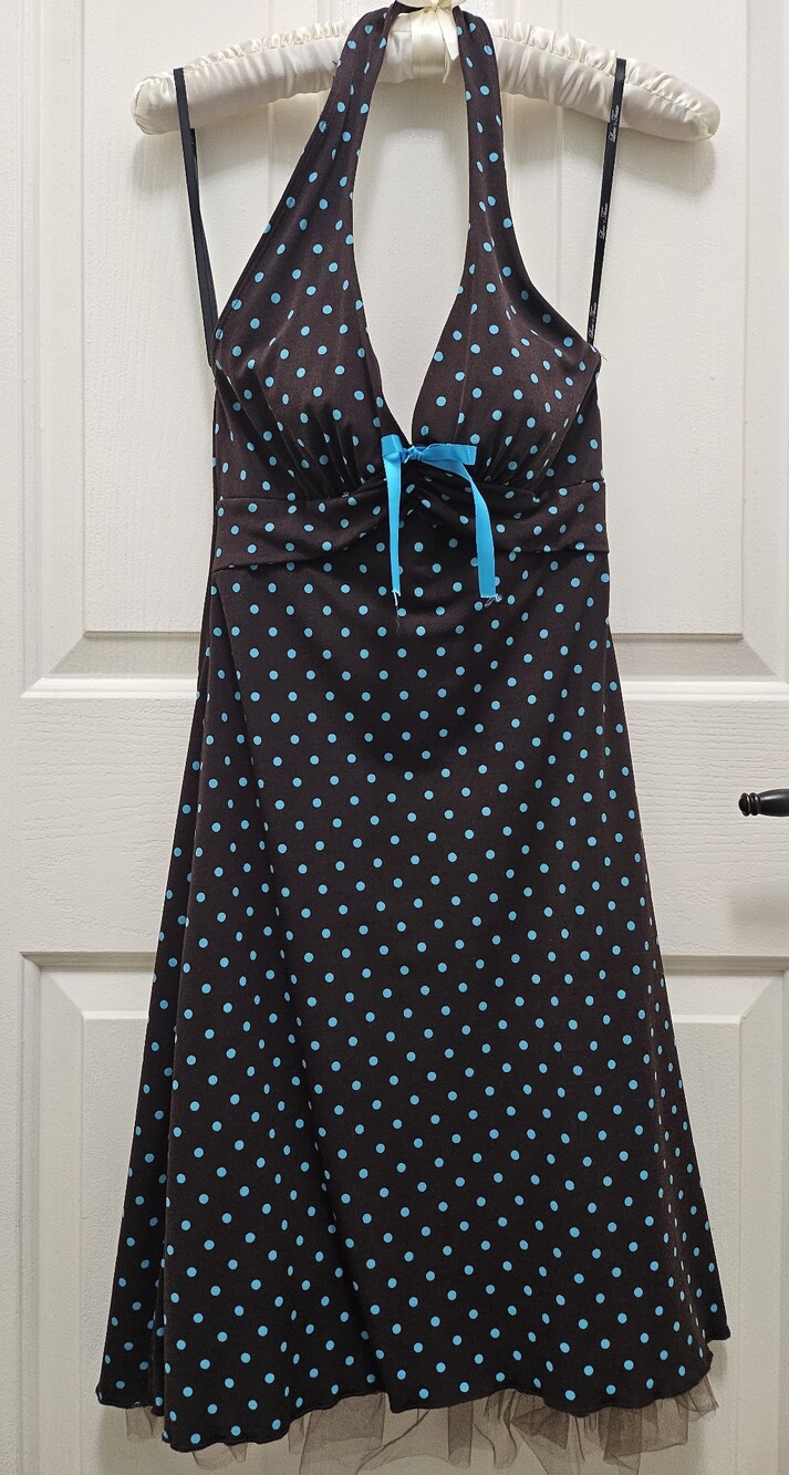 Love Tease Brown Fun Dress With Blue Polka Dots Size S.